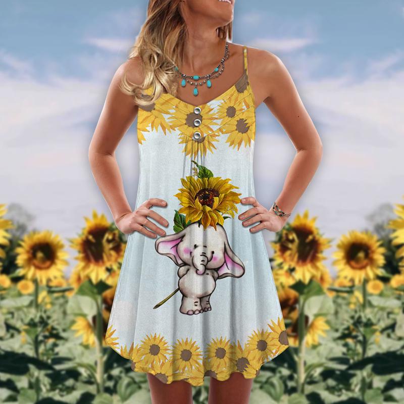 Elephant Sunflower Summer – Women's Summer Sleeveless V-Neck Camisole Dress