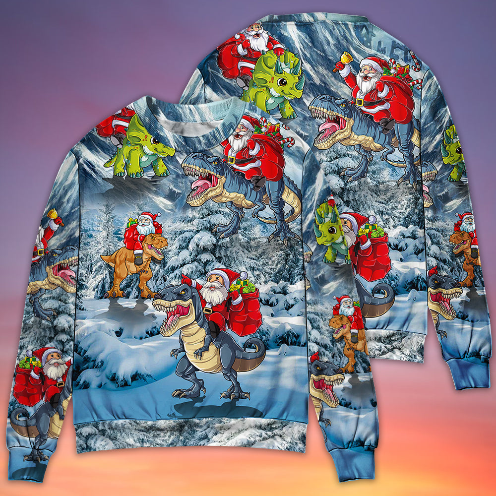 Christmas Santa Riding Dinosaur Tree Gift Light Art – Sweater - Ugly Christmas Sweater