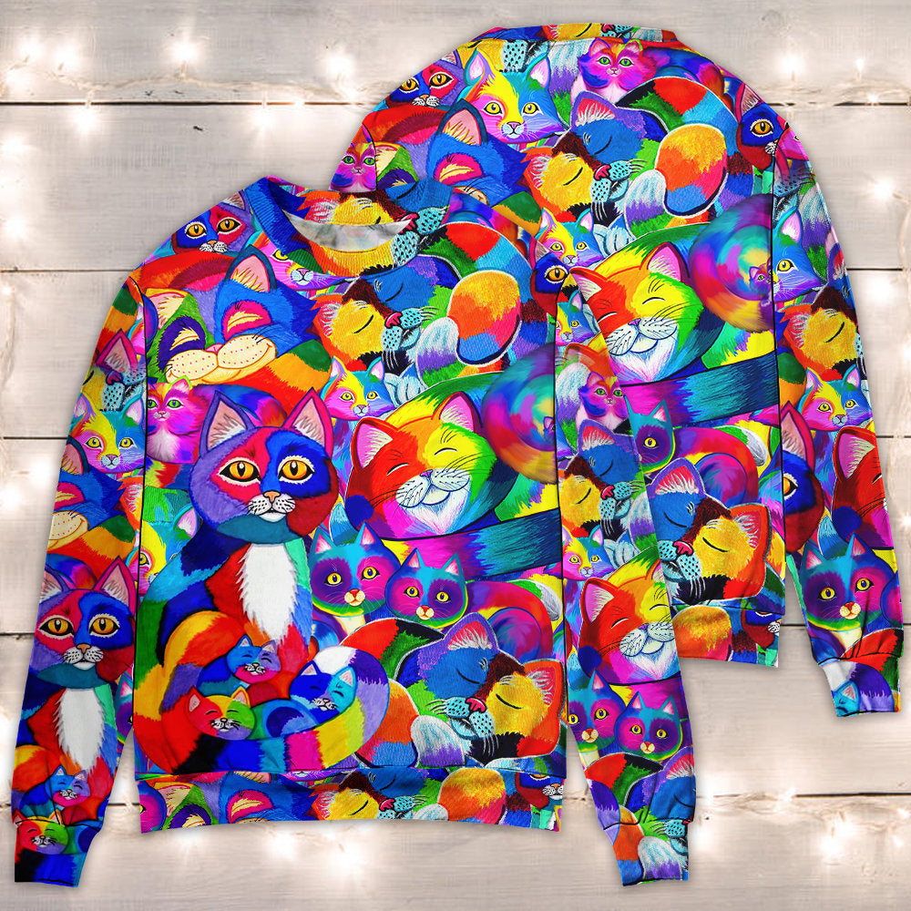 Colorful Rainbow Cat Art Style – Sweater - Ugly Christmas Sweater