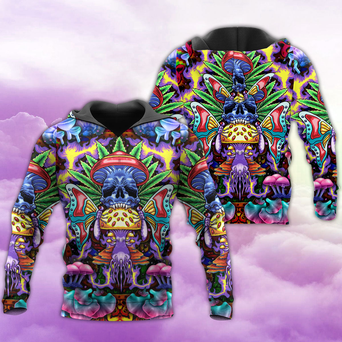 Hippie Mushroom And Skull Art - Hoodie - Owls Matrix LTD