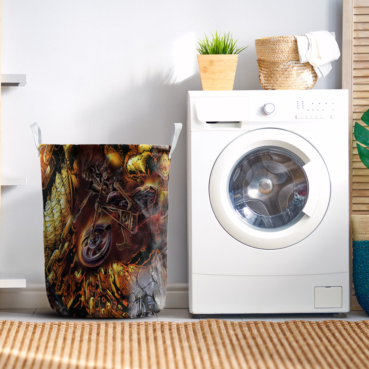 Skull Motorcycle Racing Fast Fire - Laundry Basket - Owls Matrix LTD