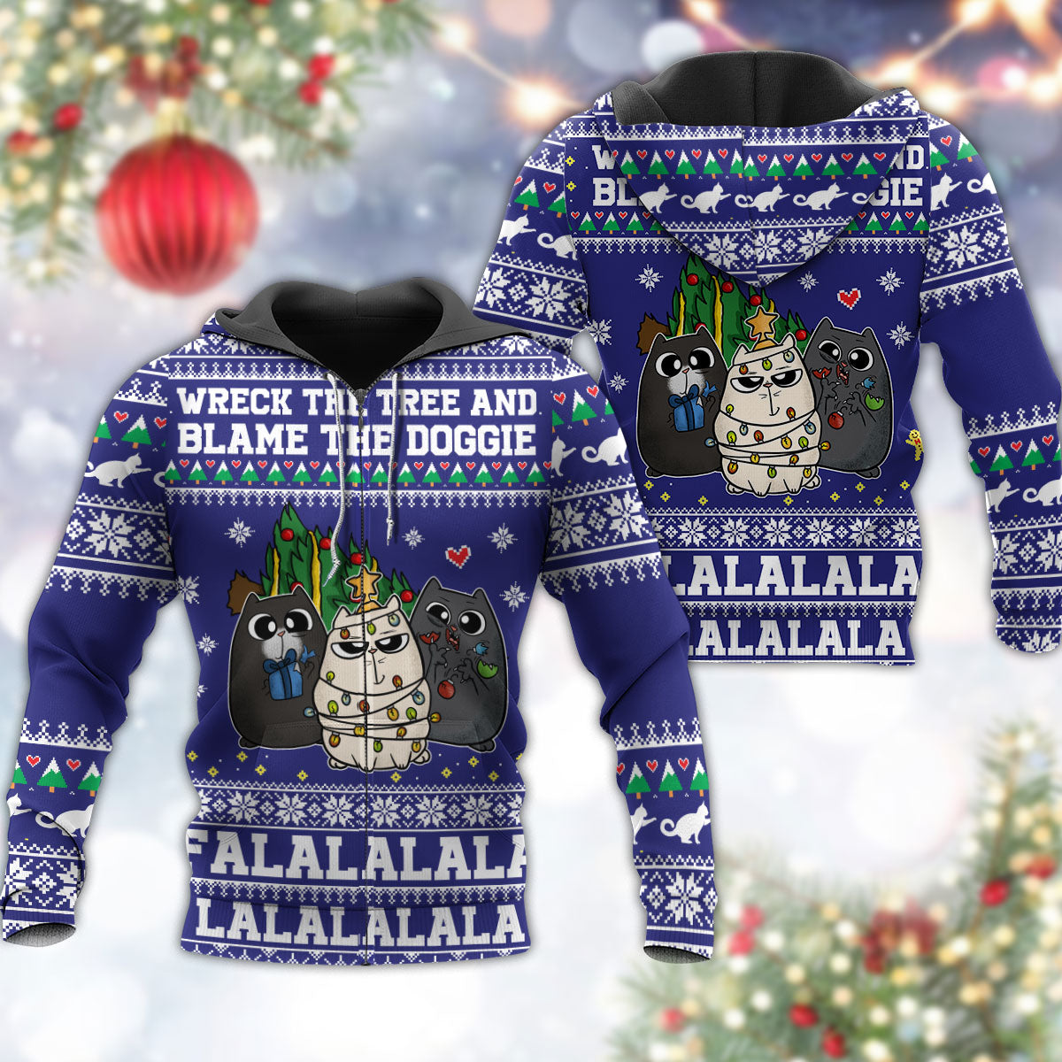 Cat Wreck The Tree Funny Holiday Art – 3D Hoodie