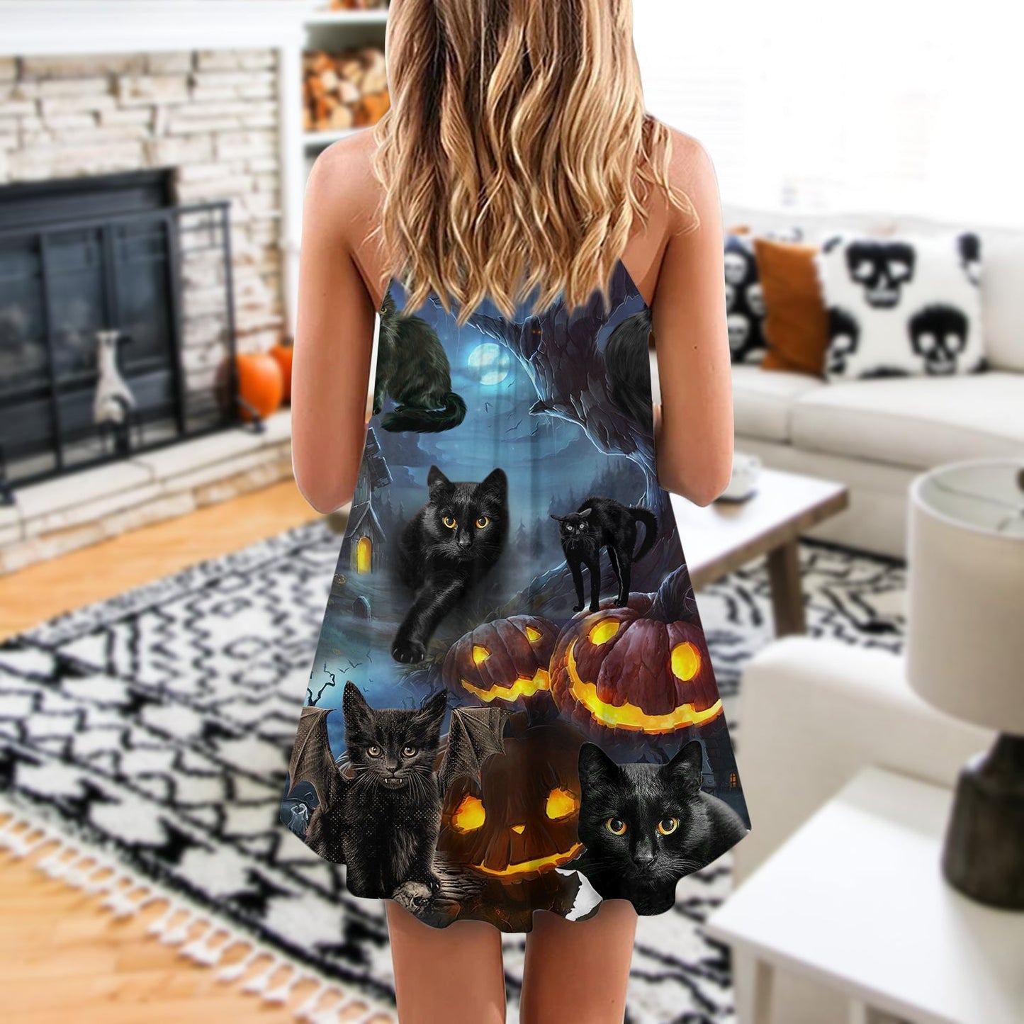 Halloween Black Cat Dark Night – Women's Summer Sleeveless V-Neck Camisole Dress