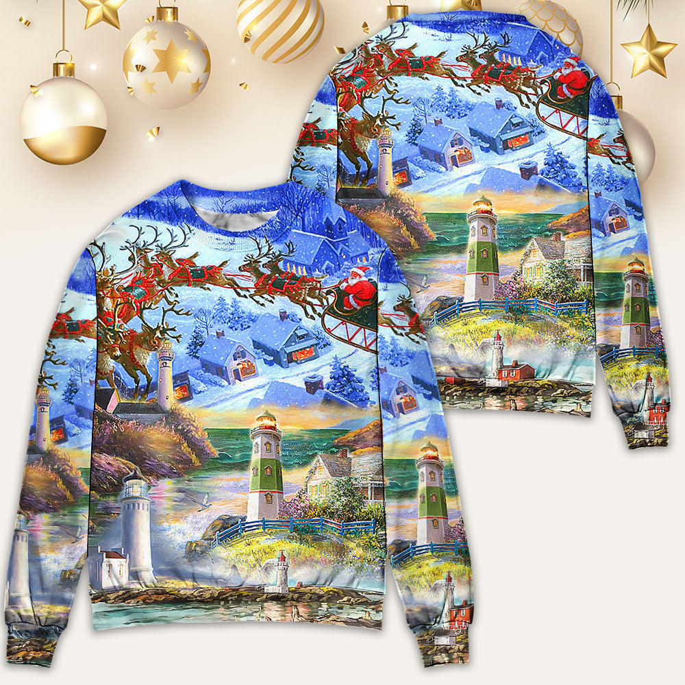 Lighthouse Christmas Santa Through The Storm – Sweater - Ugly Christmas Sweater
