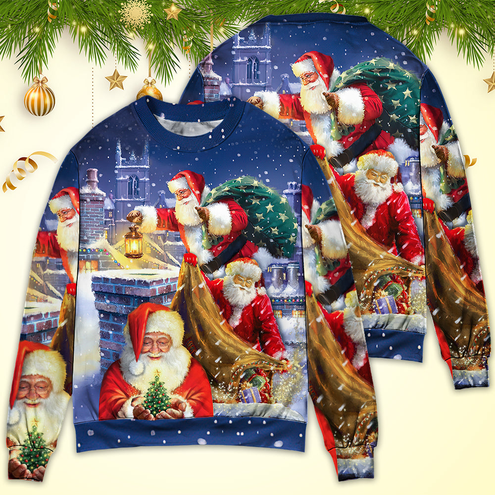 Christmas Funny Santa Up On Rooftop Art – Sweater - Ugly Christmas Sweater
