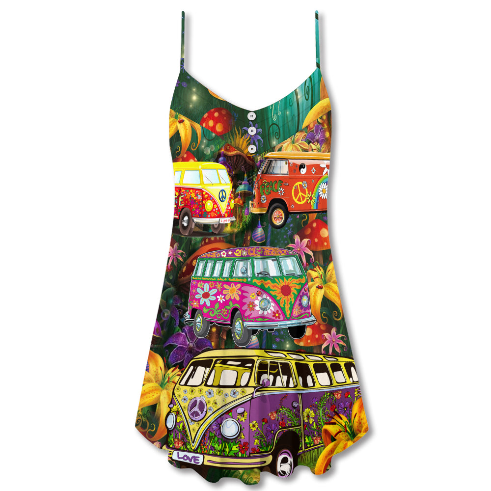 Hippie Bus Peace Life Colorful – Women's Summer Sleeveless V-Neck Camisole Dress