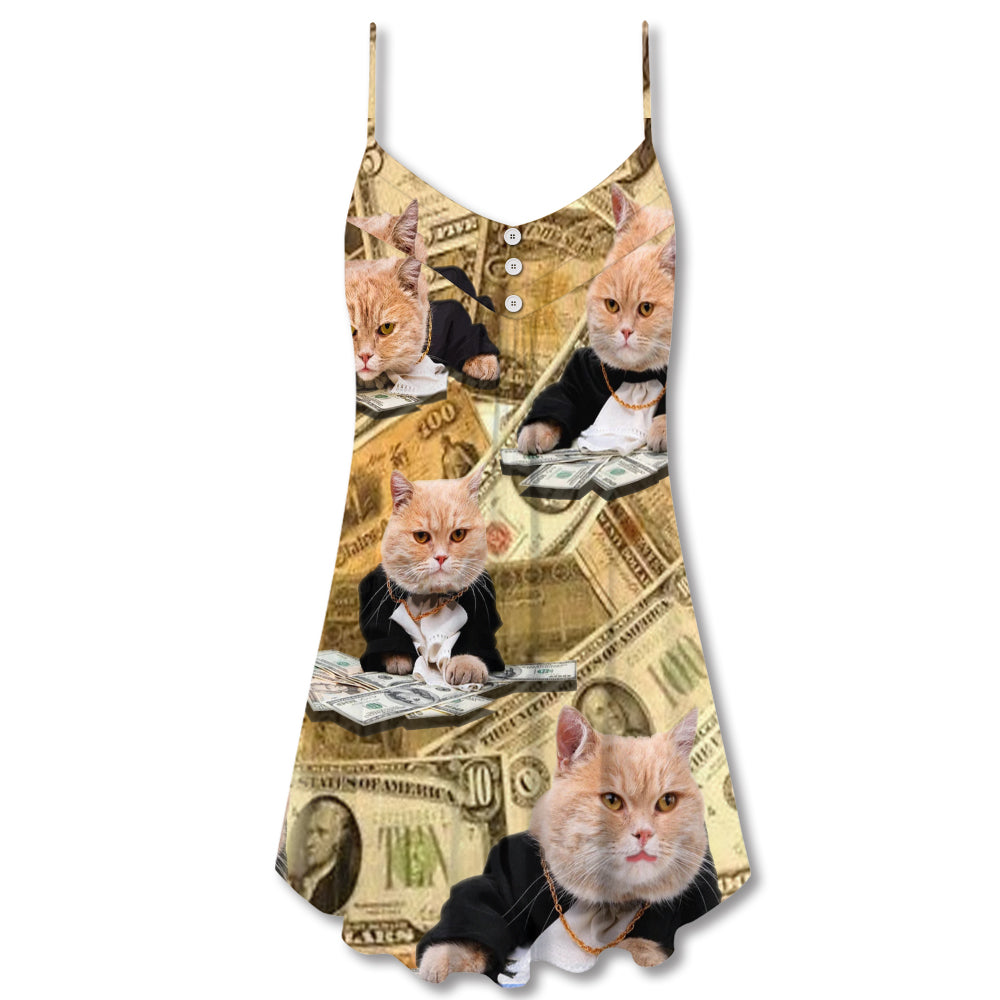 Vintage Money Cat Style – Women's Summer Sleeveless V-Neck Camisole Dress