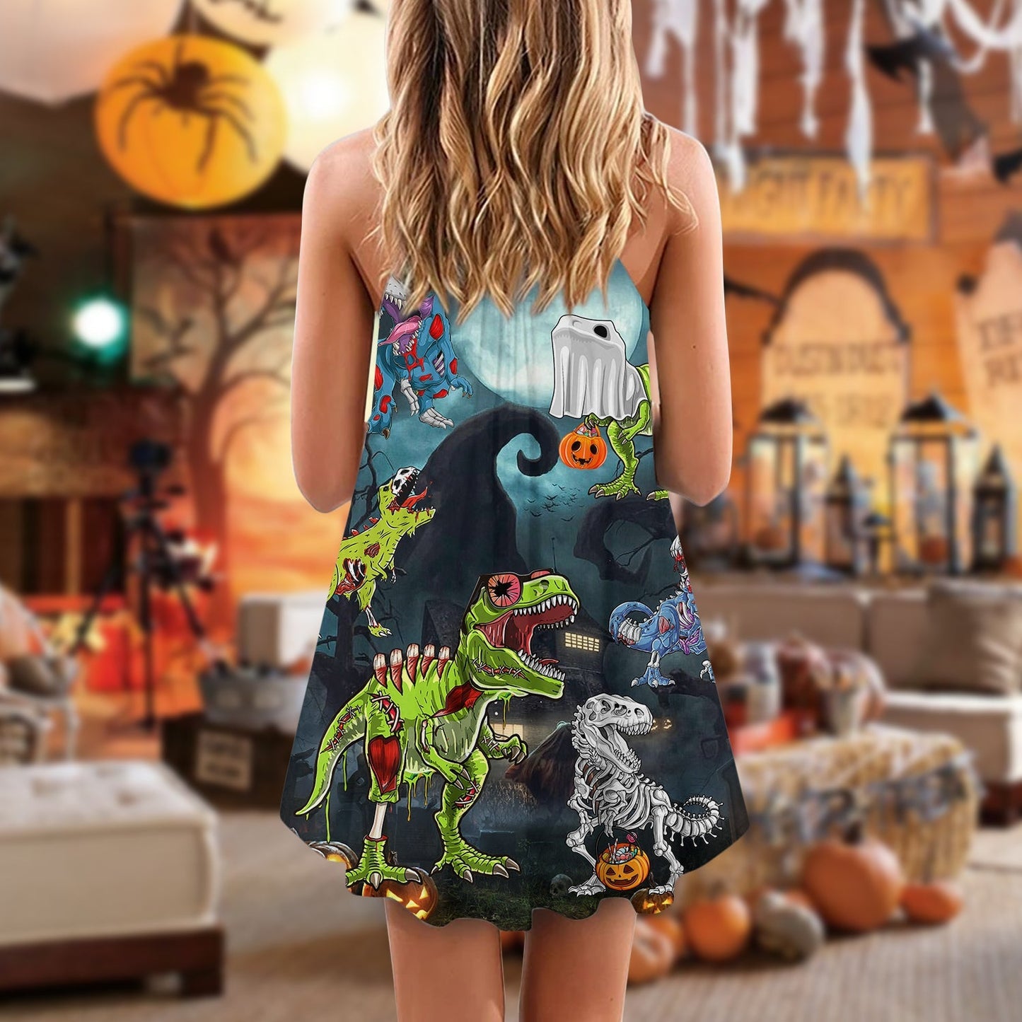 Halloween Zombie Dinosaur Scary – Women's Summer Sleeveless V-Neck Camisole Dress