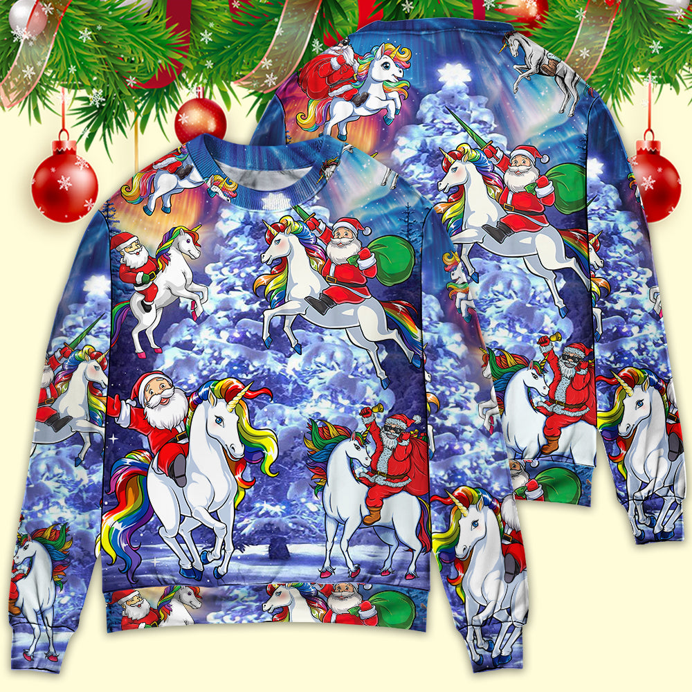Christmas Santa Riding Unicorn Rainbow Night – Sweater - Ugly Christmas Sweater