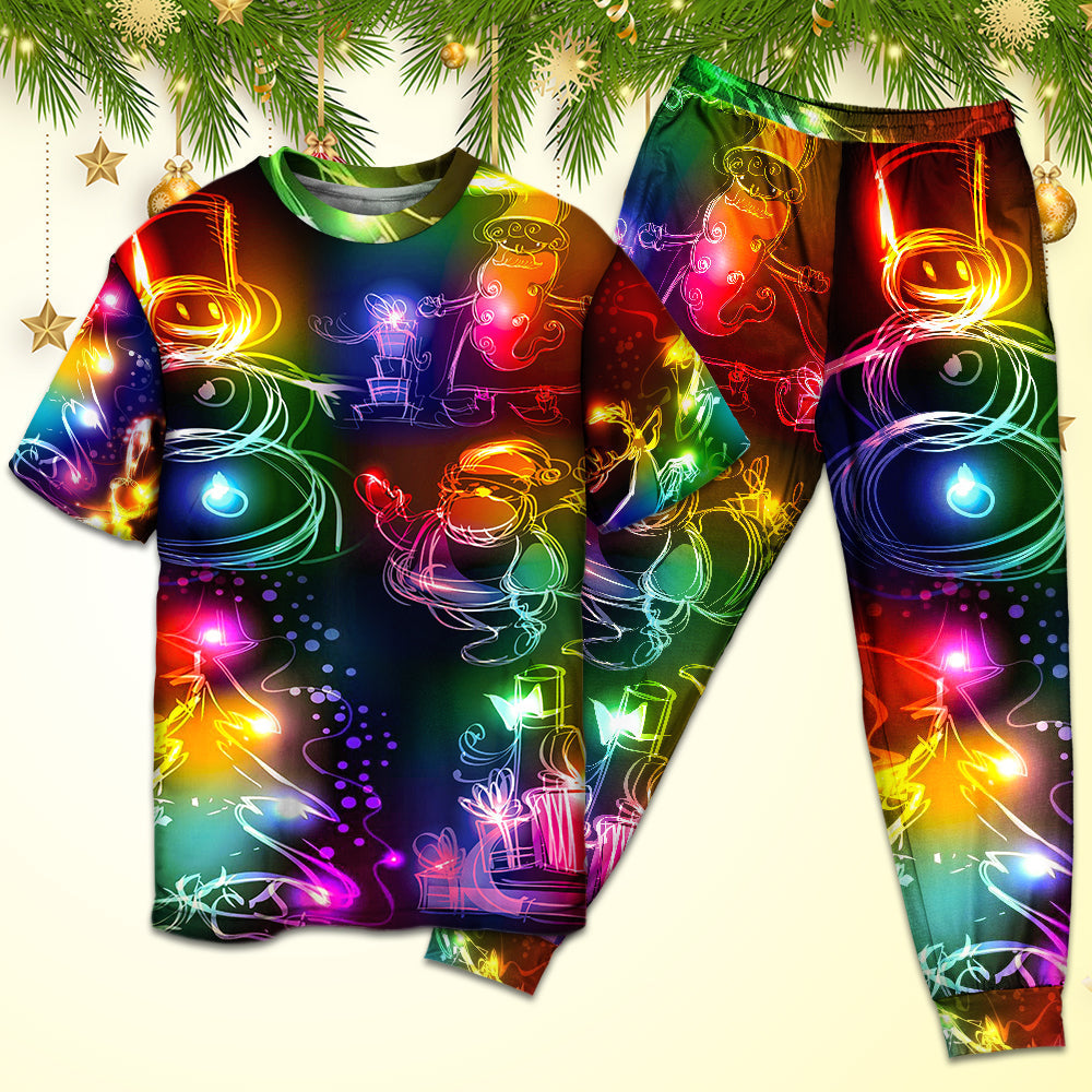 Christmas Santa Claus Tree Snowman Neon Light Style - Pajamas Short Sleeve - Owls Matrix LTD