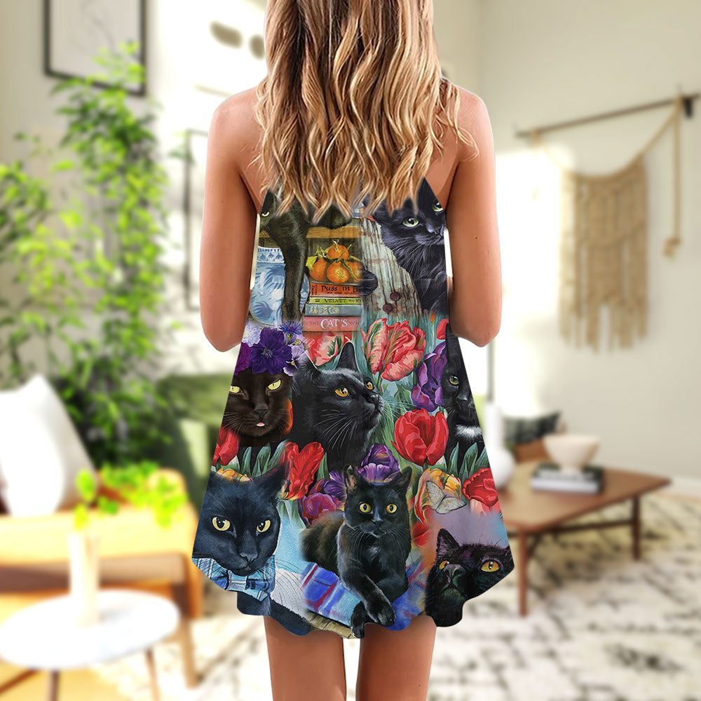 Black Cat Floral Art – Women's Summer Sleeveless V-Neck Camisole Dress