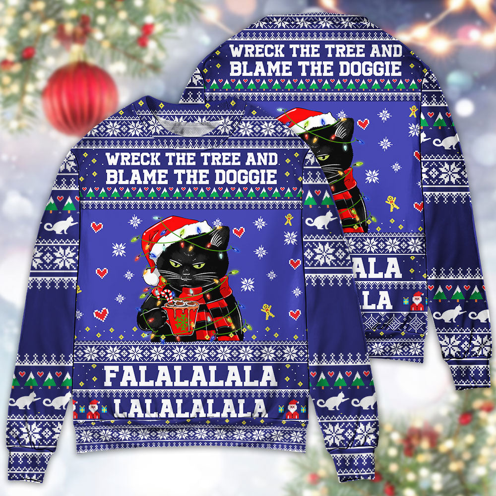 Black Cat Wrecks Tree Funny Holiday – Sweater - Ugly Christmas Sweater