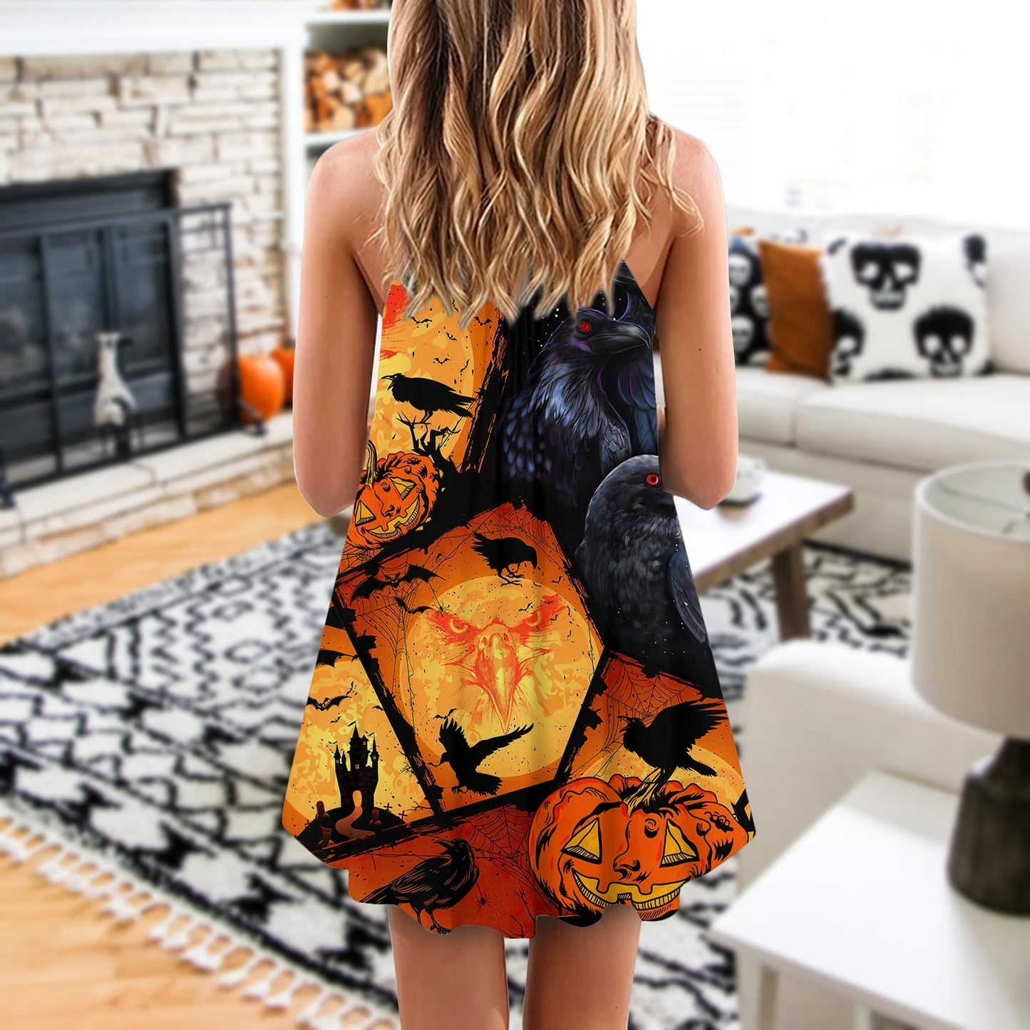 Halloween Raven Pumpkin Night – Women's Summer Sleeveless V-Neck Camisole Dress