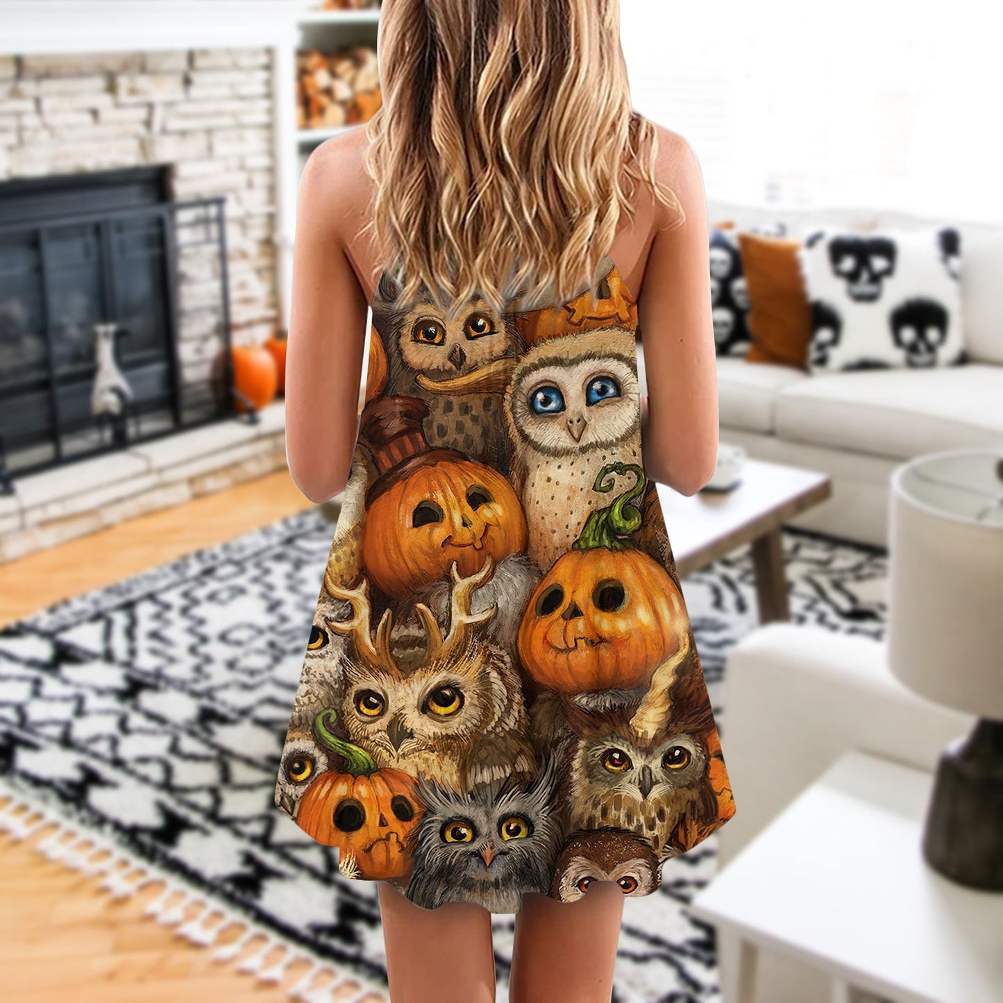 Halloween Owl Pumpkin Pattern – Women's Summer Sleeveless V-Neck Camisole Dress