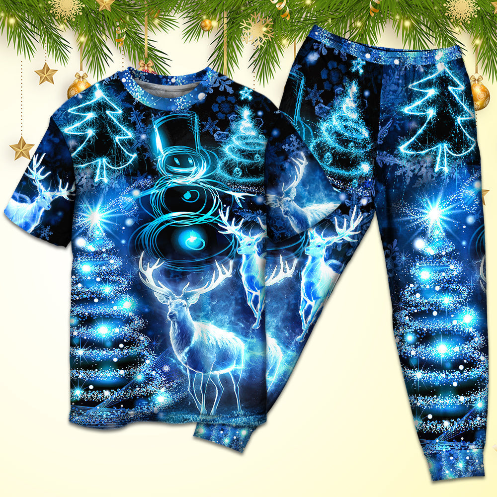 Christmas Deer Snowman Tree Glow Light Style - Pajamas Short Sleeve - Owls Matrix LTD