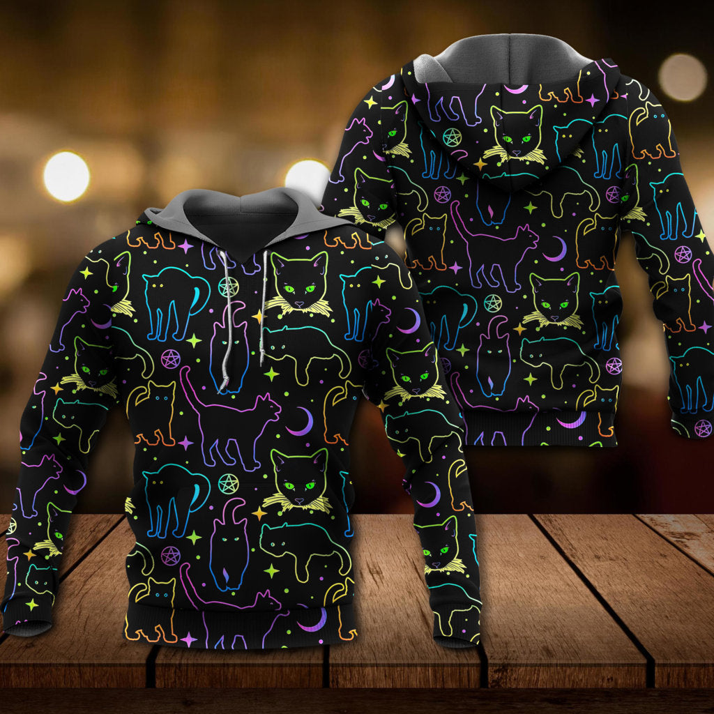Neon Colorful Cat Playing Kitten Art – 3D Hoodie