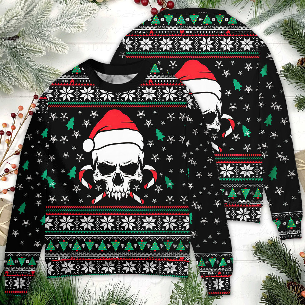 Christmas Skull Santa Hat Candy Style – Sweater - Ugly Christmas Sweater