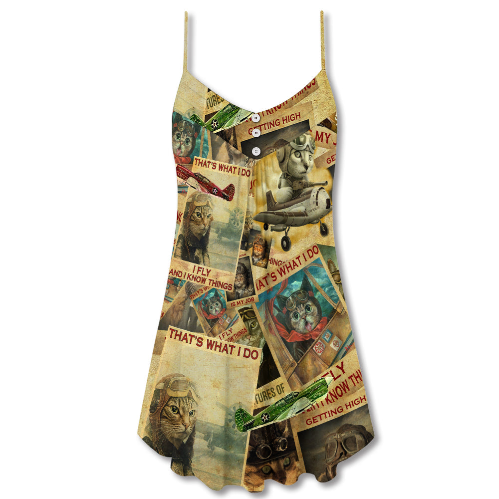 Vintage Pilot Cat Art – Women's Summer Sleeveless V-Neck Camisole Dress