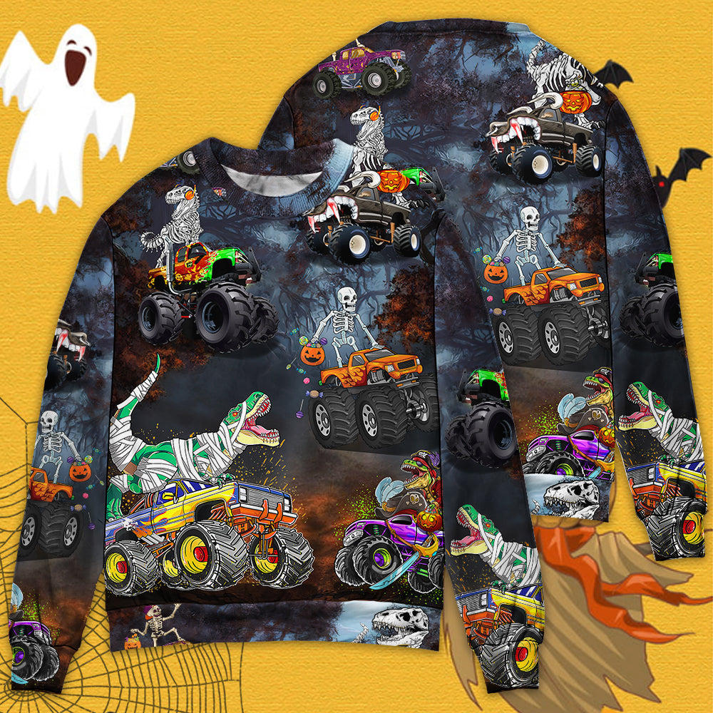 Halloween Skeleton Dinosaur Monster Truck Art – Sweater - Ugly Christmas Sweater