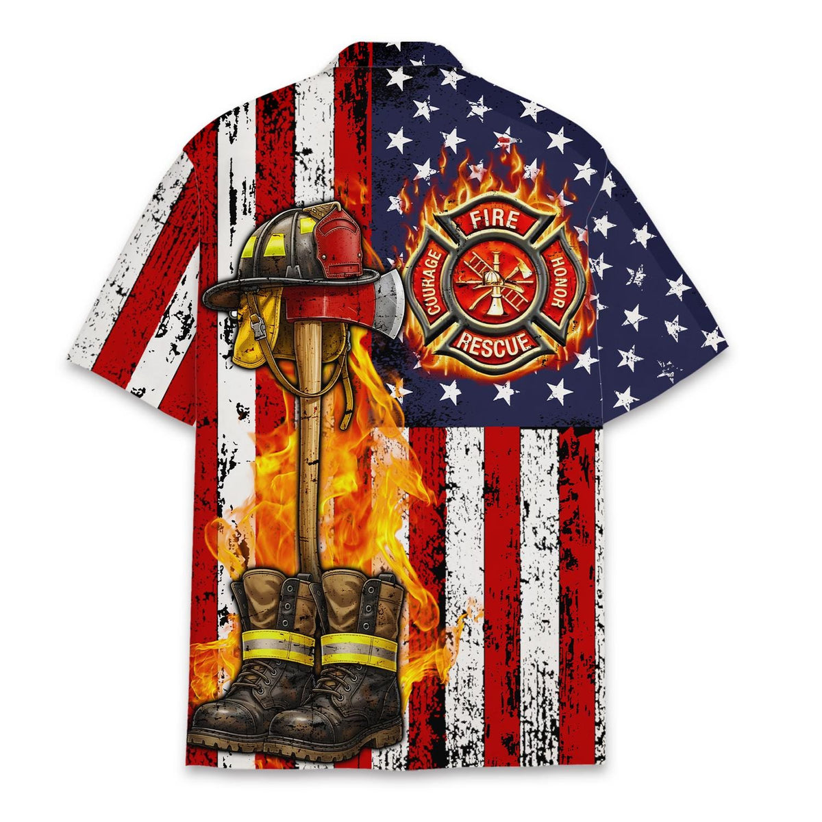 Patriotic Firefighter American Flag Helmet Axe Rescue – Hawaiian Shirt