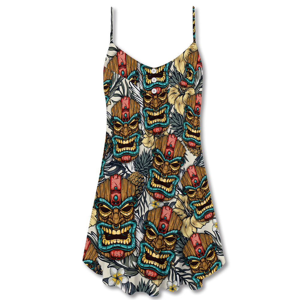 Tiki Tribal Mask Tropical Leaves – Women's Summer Sleeveless V-Neck Camisole Dress
