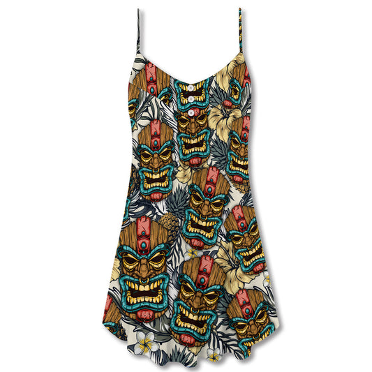 Tiki Tribal Mask Tropical Leaves – Women's Summer Sleeveless V-Neck Camisole Dress