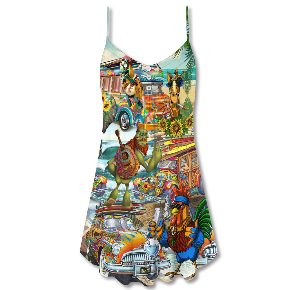 Hippie Funny Animals Beach Love – Women's Summer Sleeveless V-Neck Camisole Dress