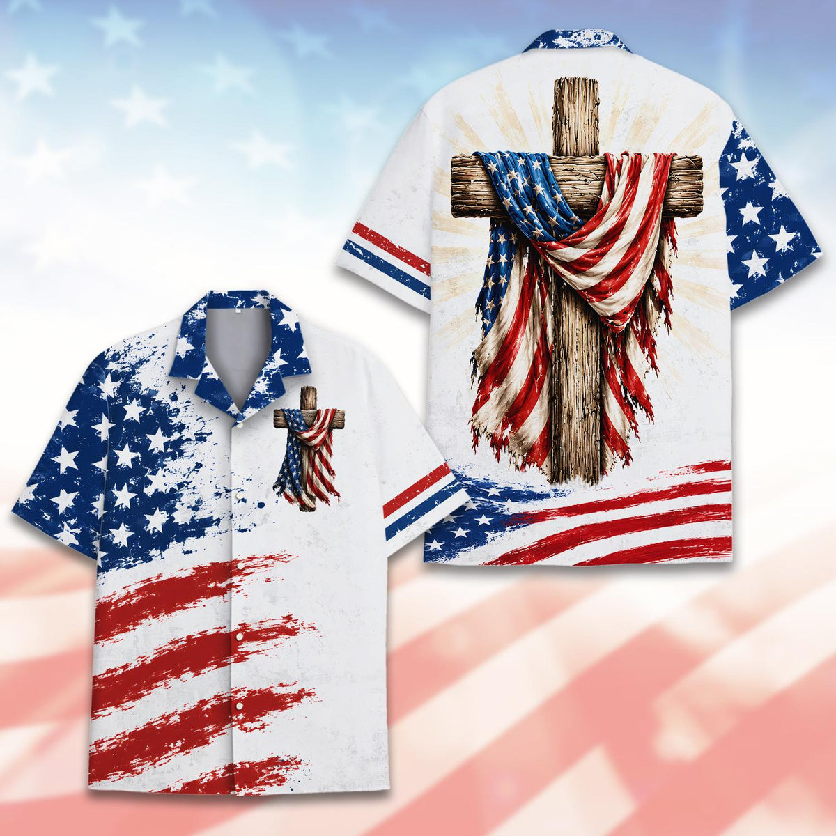 American Flag Cross Patriotic Faith Red White Blue – Hawaiian Shirt