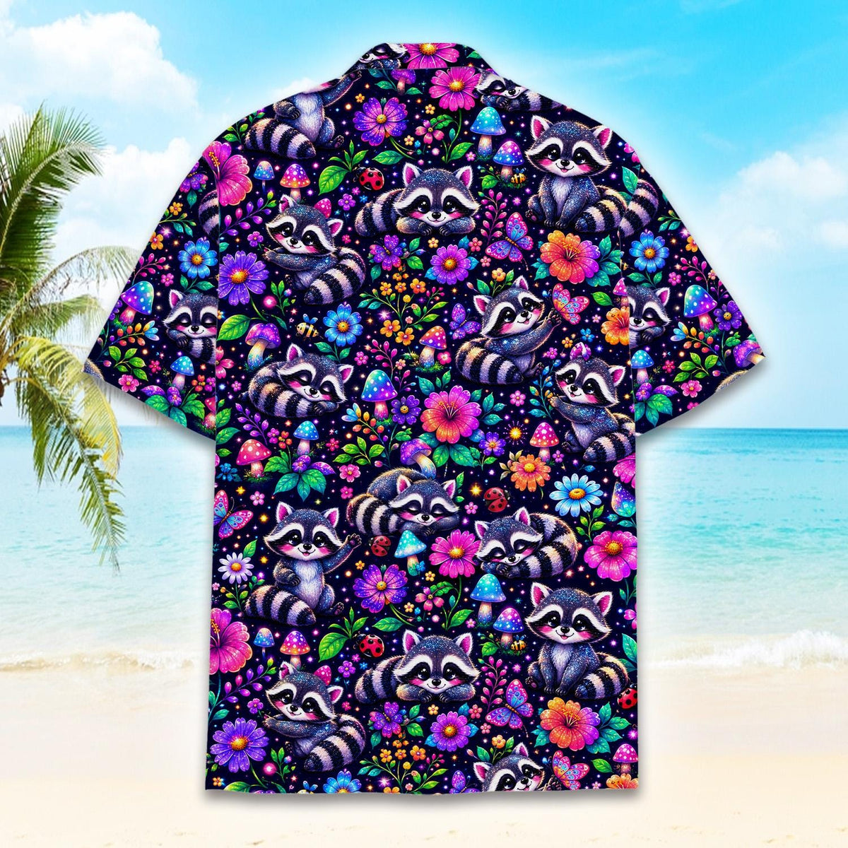 Cute Raccoon Colorful Floral Mushroom Garden – Hawaiian Shirt