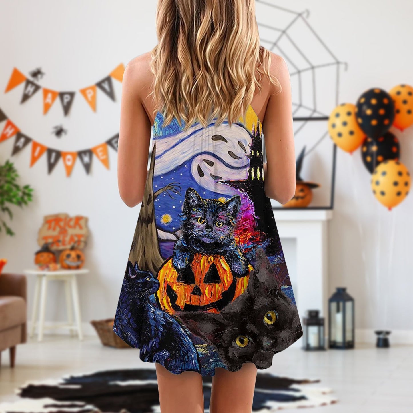 Halloween Black Cat Starry Night Funny – Women's Summer Sleeveless V-Neck Camisole Dress