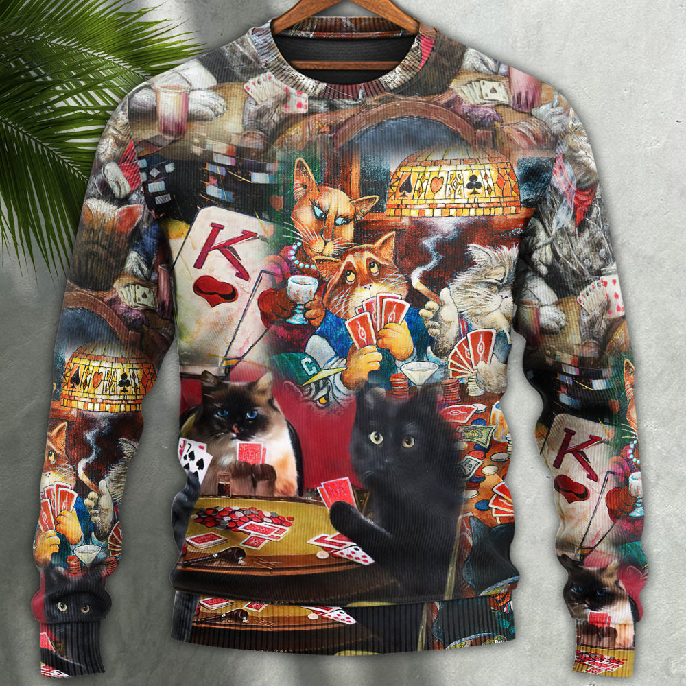 Beautiful Cats Playing Poker Art – Sweater - Ugly Christmas Sweater