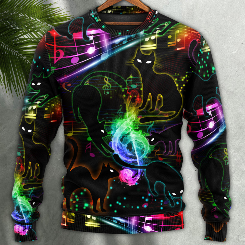 Black Cat Magical Light Music Notes – Sweater - Ugly Christmas Sweater