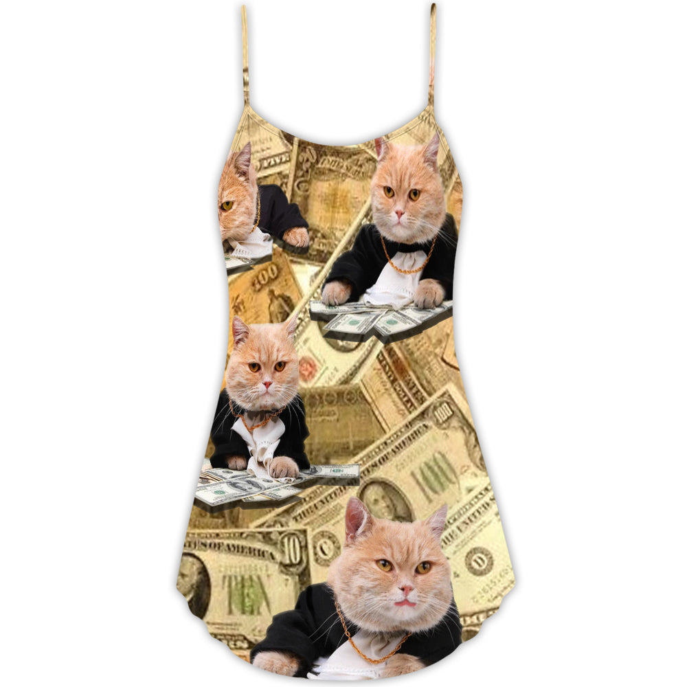 Vintage Money Cat Style – Women's Summer Sleeveless V-Neck Camisole Dress