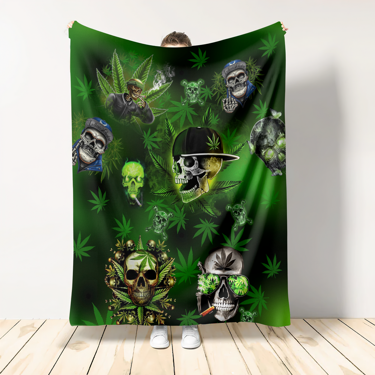 Green Skull Art Flannel Blanket For Soft Bed Couch And Home Comfort