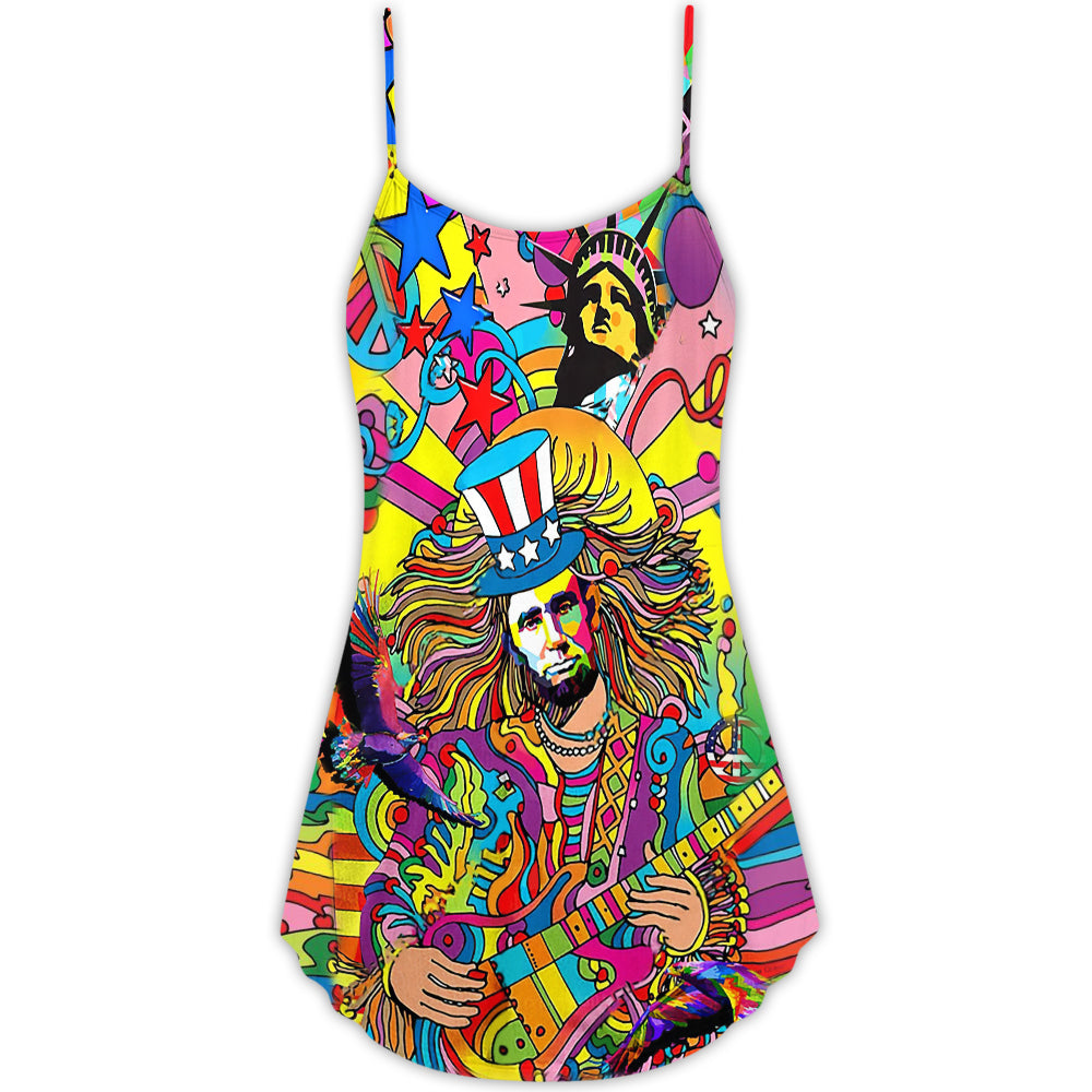 Hippie Patriotic Colorful Style – Women's Summer Sleeveless V-Neck Camisole Dress