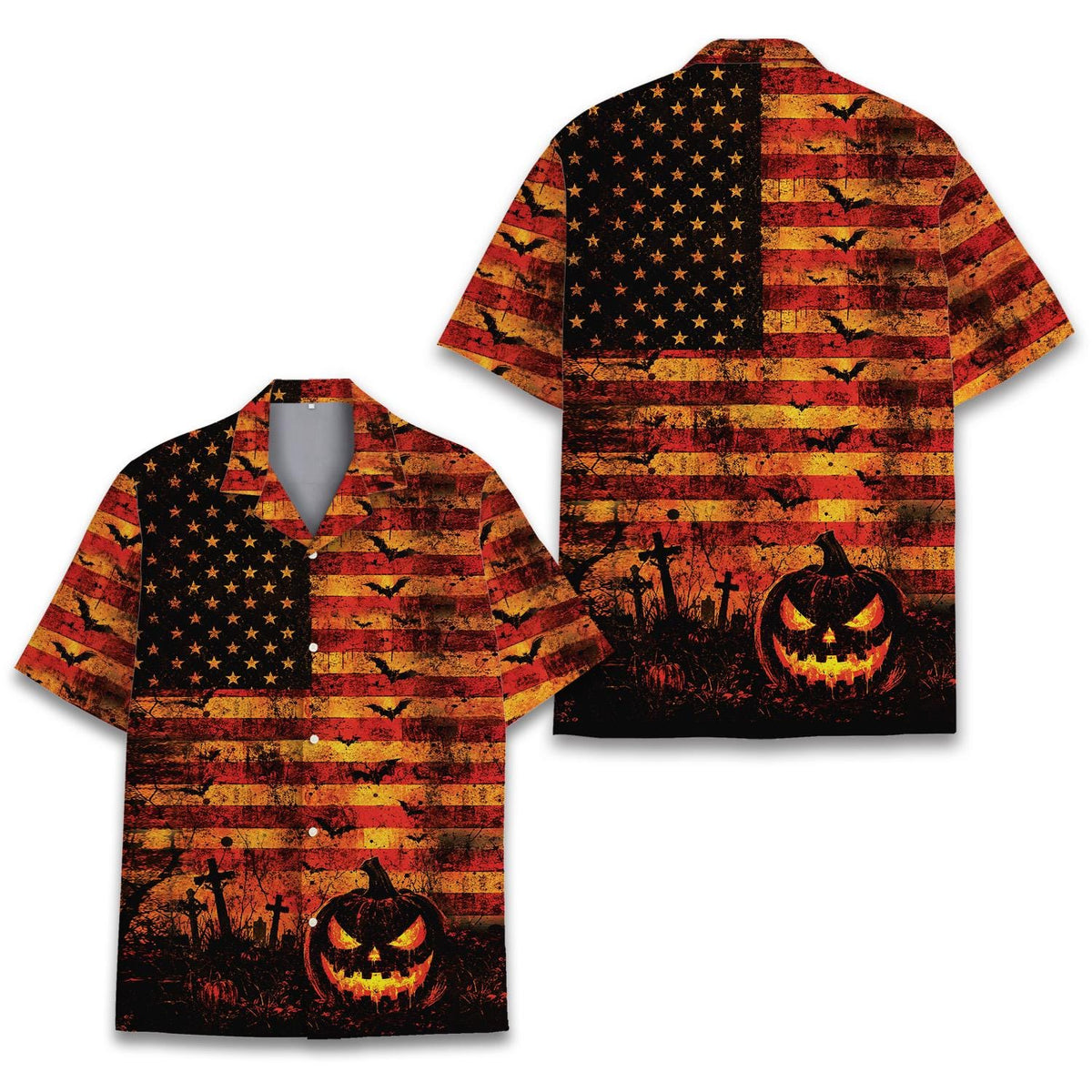 Spooky American Flag Jack O Lantern Cemetery – Hawaiian Shirt