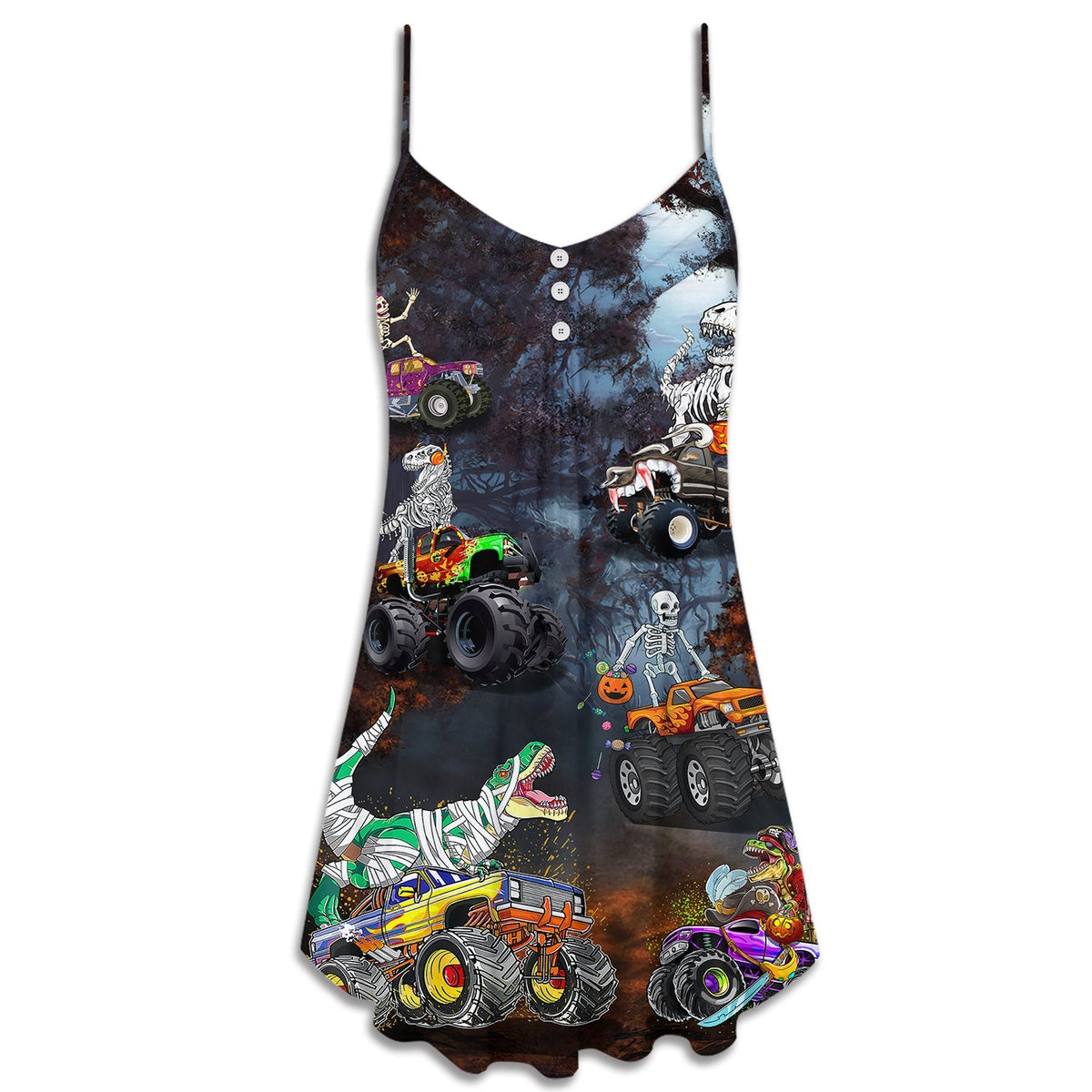 Halloween Skeleton Dino Monster Truck – Women's Summer Sleeveless V-Neck Camisole Dress