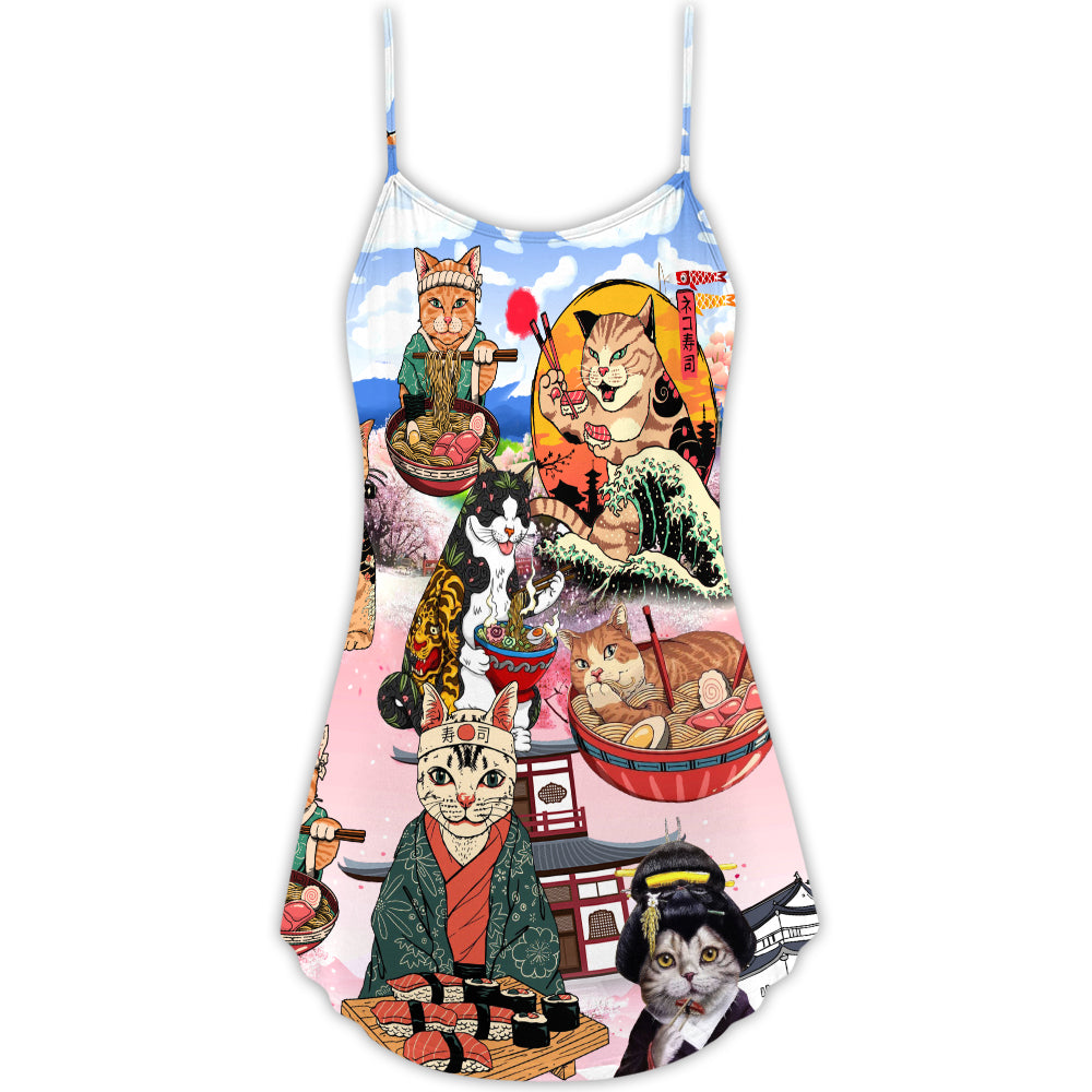 Samurai Cat With Ramen – Women's Summer Sleeveless V-Neck Camisole Dress