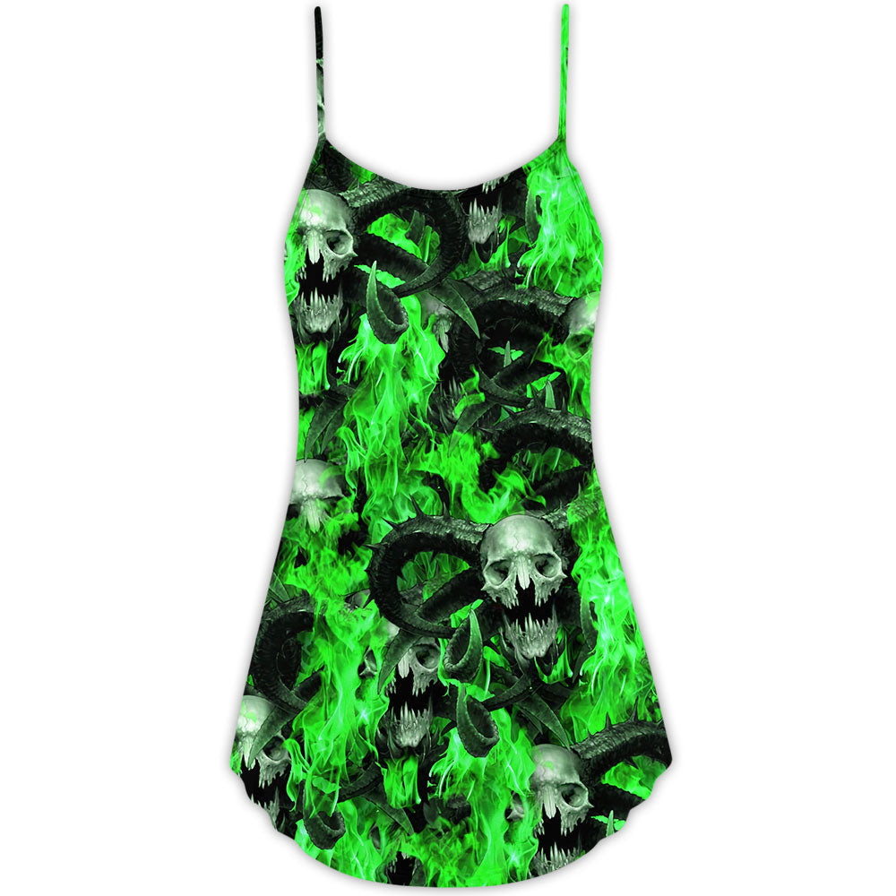 Green Flame Skull Burn – Women's Summer Sleeveless V-Neck Camisole Dress