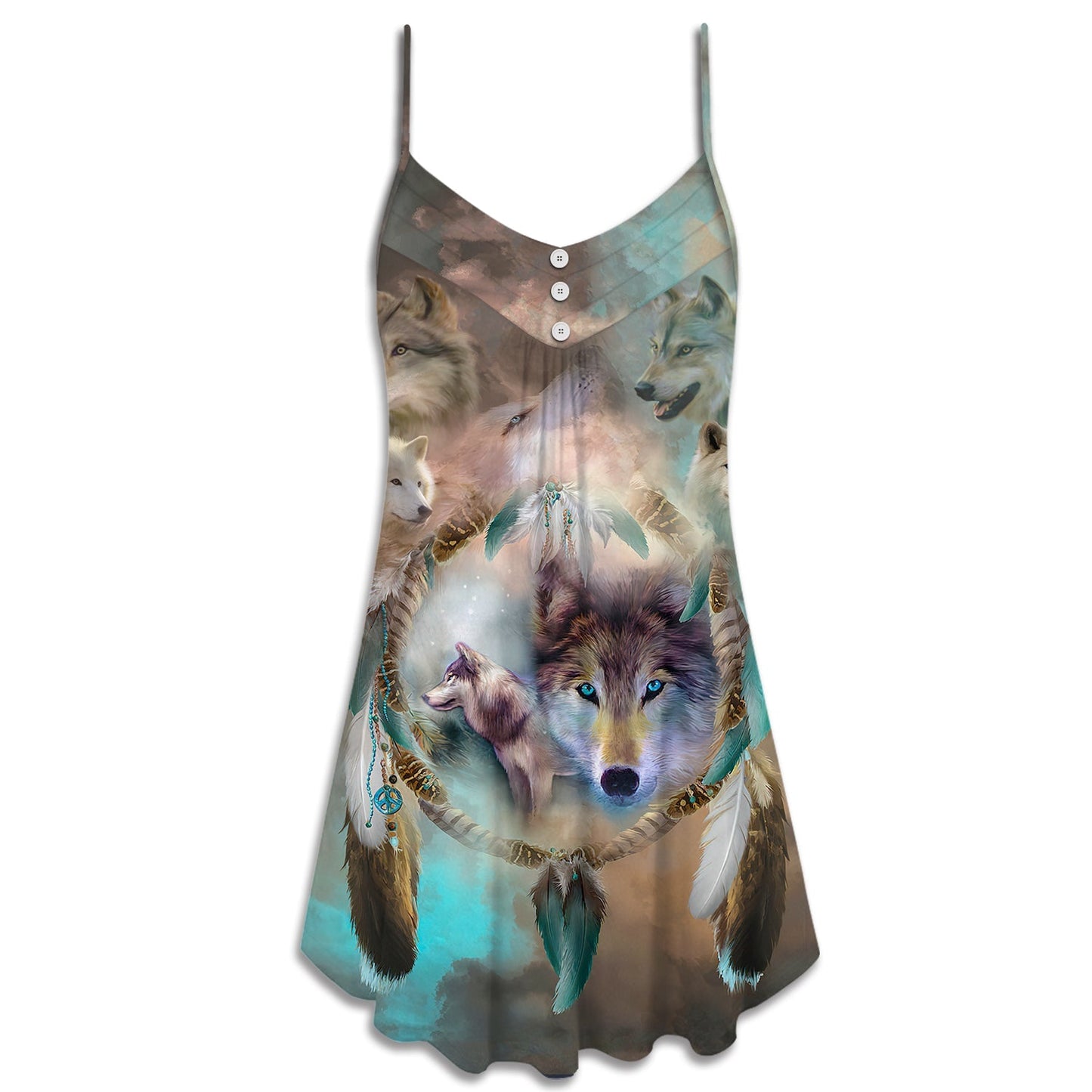 Tribal Wolf Dream Catcher Style – Women's Summer Sleeveless V-Neck Camisole Dress