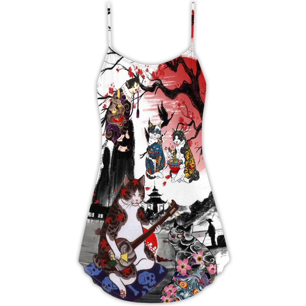 Japanese Style Cat Art – Women's Summer Sleeveless V-Neck Camisole Dress