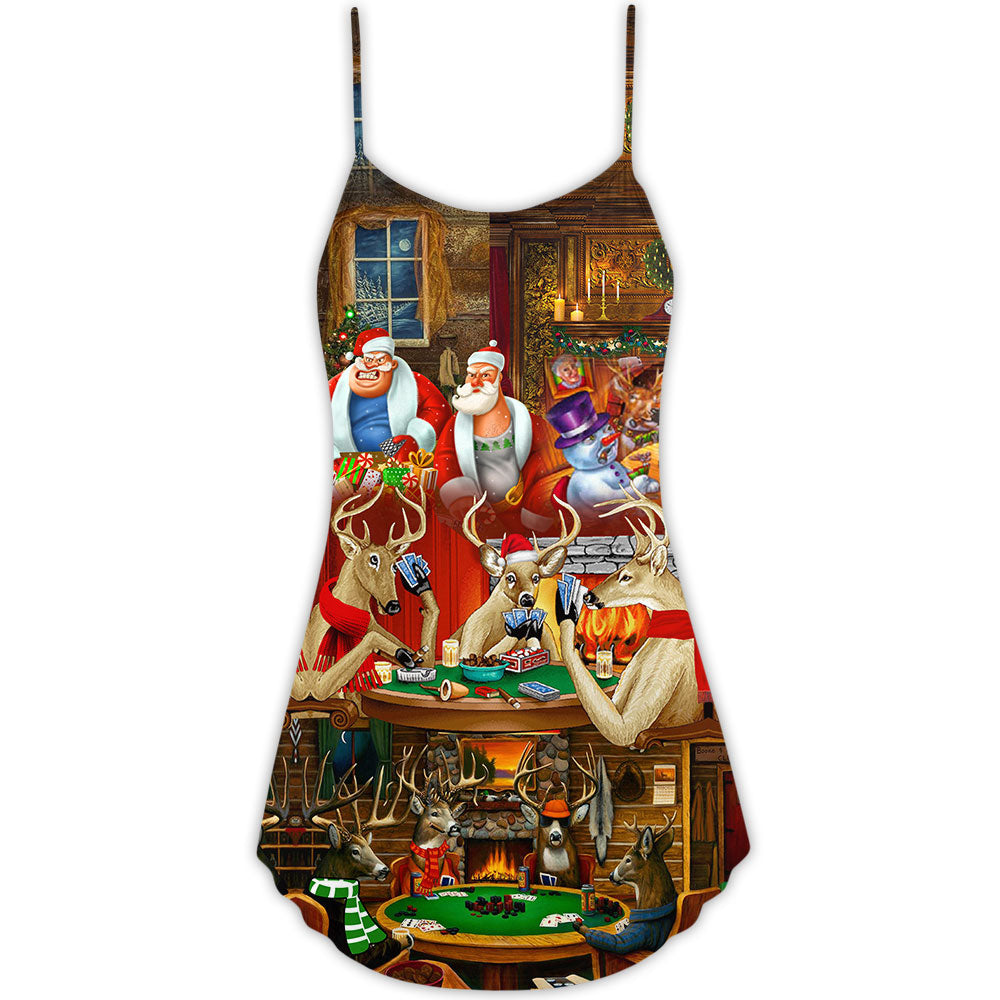 Poker Santa Friends Merry Christmas Snow – Women's Summer Sleeveless V-Neck Camisole Dress