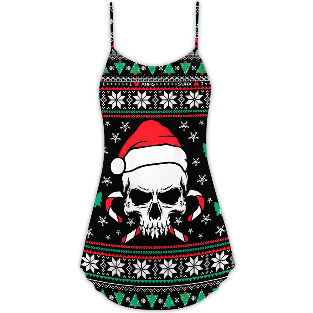 Christmas Skull Santa Hat Candy – Women's Summer Sleeveless V-Neck Camisole Dress