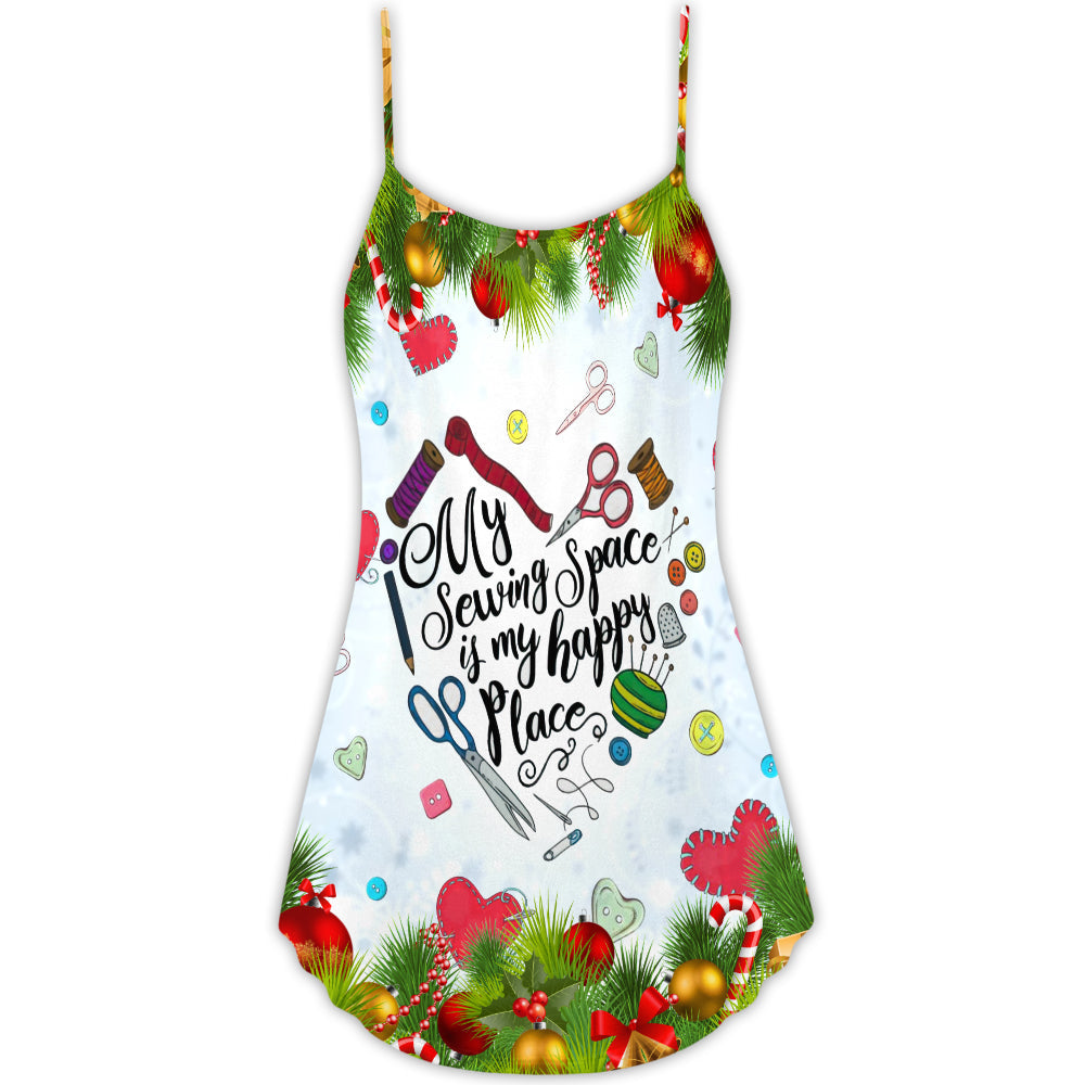 Christmas Sewing Machine Happy Place – Women's Summer Sleeveless V-Neck Camisole Dress