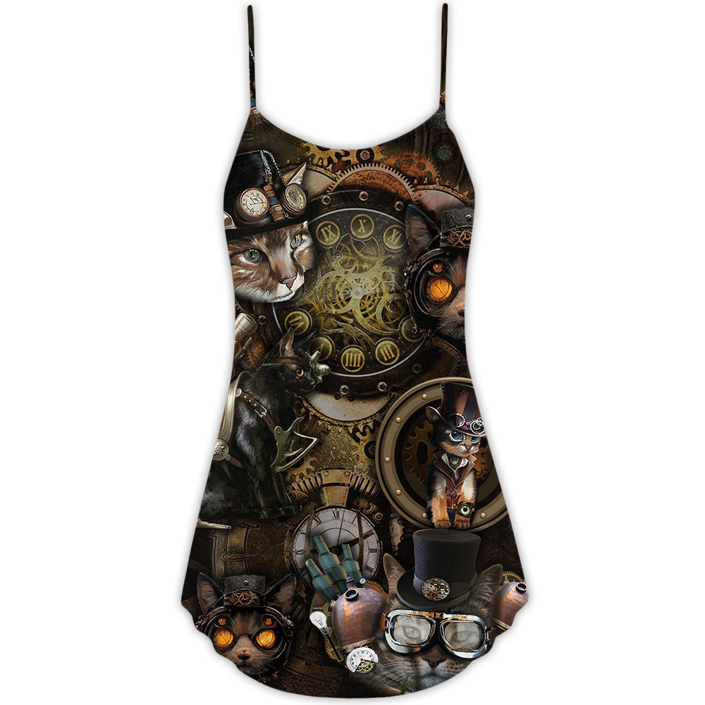 Steampunk Cat Magic Style – Women's Summer Sleeveless V-Neck Camisole Dress