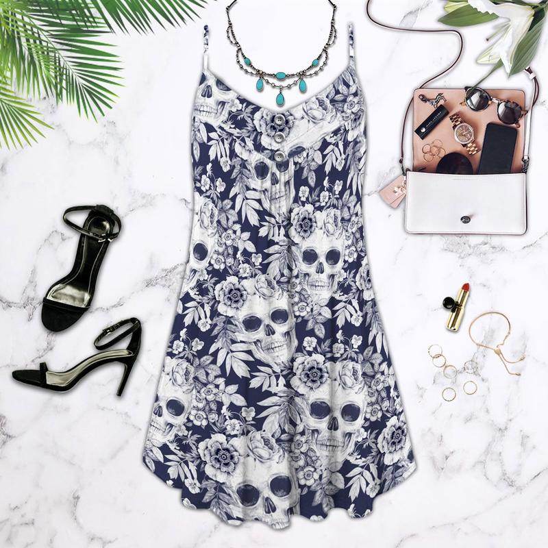Skull Flowers Summer Tropical Limited 4 – Women's Summer Sleeveless V-Neck Camisole Dress