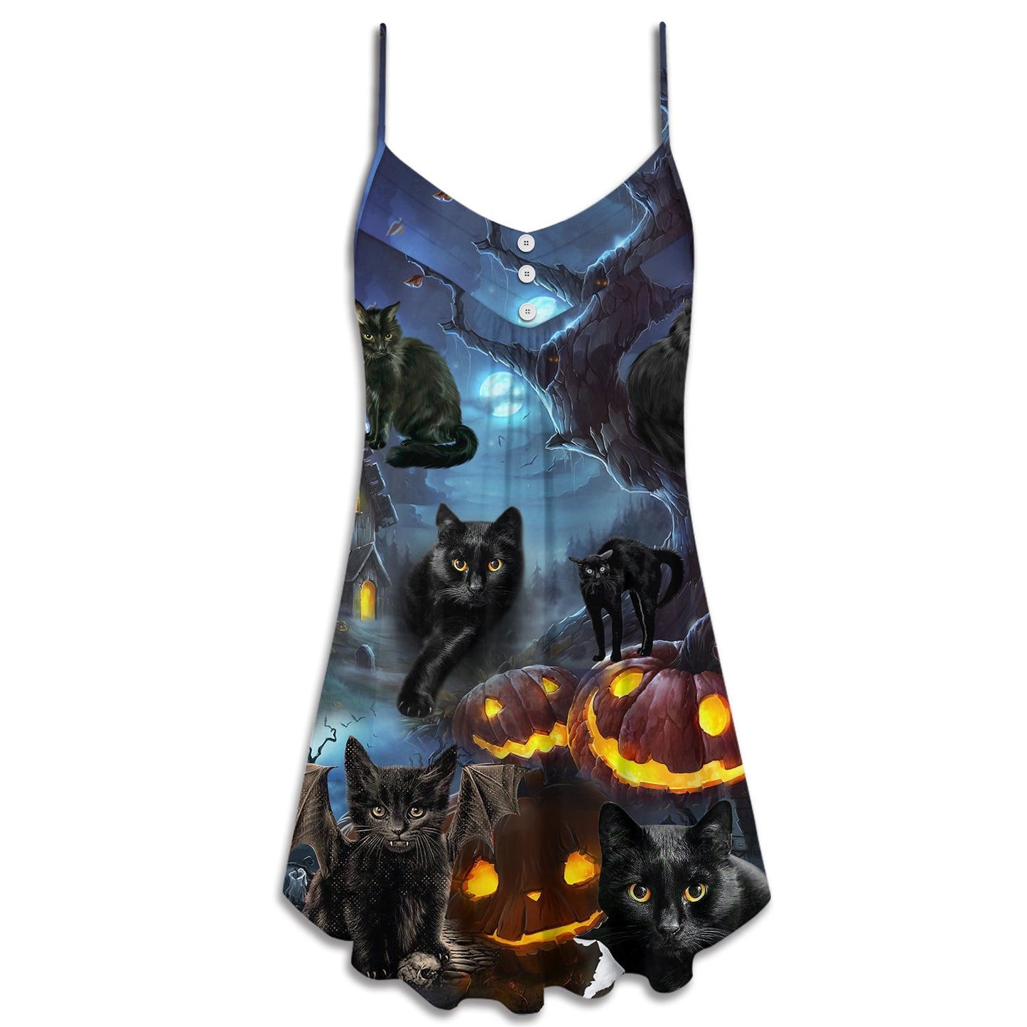 Halloween Black Cat Dark Night – Women's Summer Sleeveless V-Neck Camisole Dress