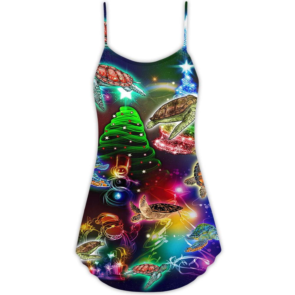 Turtle Neon Tree Merry Christmas – Women's Summer Sleeveless V-Neck Camisole Dress