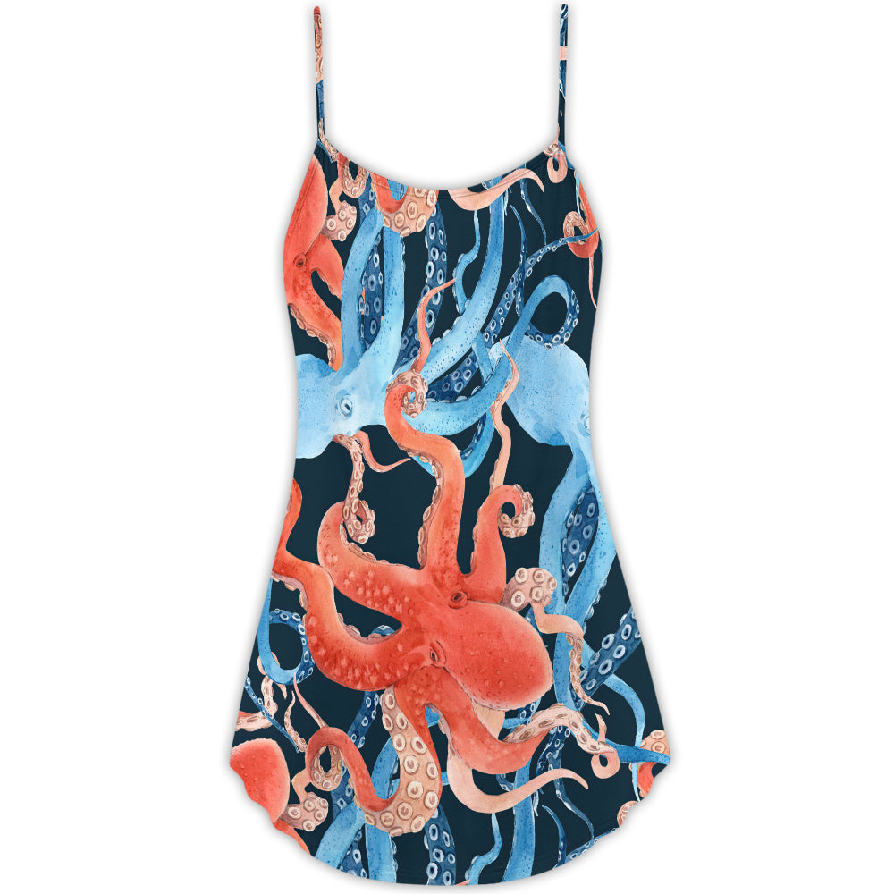 Colorful Octopus Ocean Life – Women's Summer Sleeveless V-Neck Camisole Dress