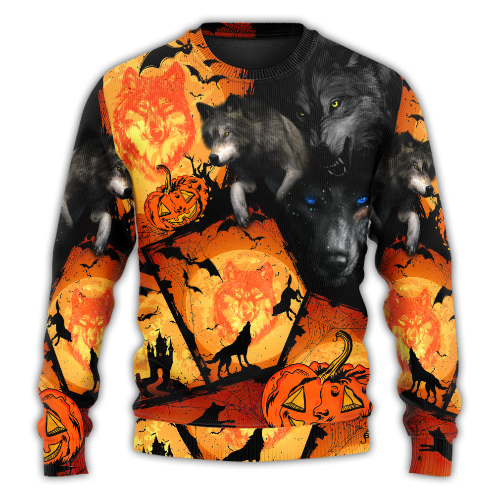 Halloween Wolf Pumpkin Fantasy Art – Sweater - Ugly Christmas Sweater